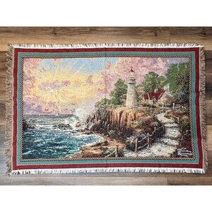 Thomas Kinkade Painter of Light Tapestry Throw Blanket Lighthouse Fringe 46”x69”